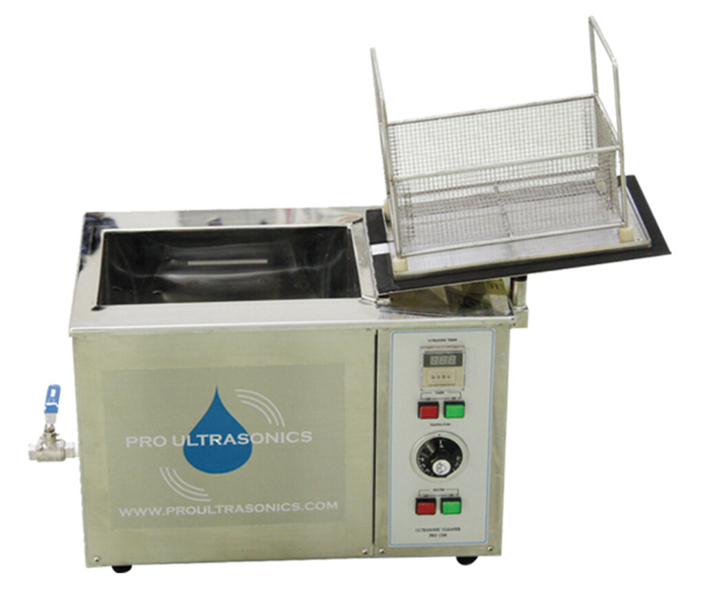 Pro Ultrasonics PRO-1208-2 tabletop ultrasonic cleaner, stainless steel unit with hinged lid and front control panel