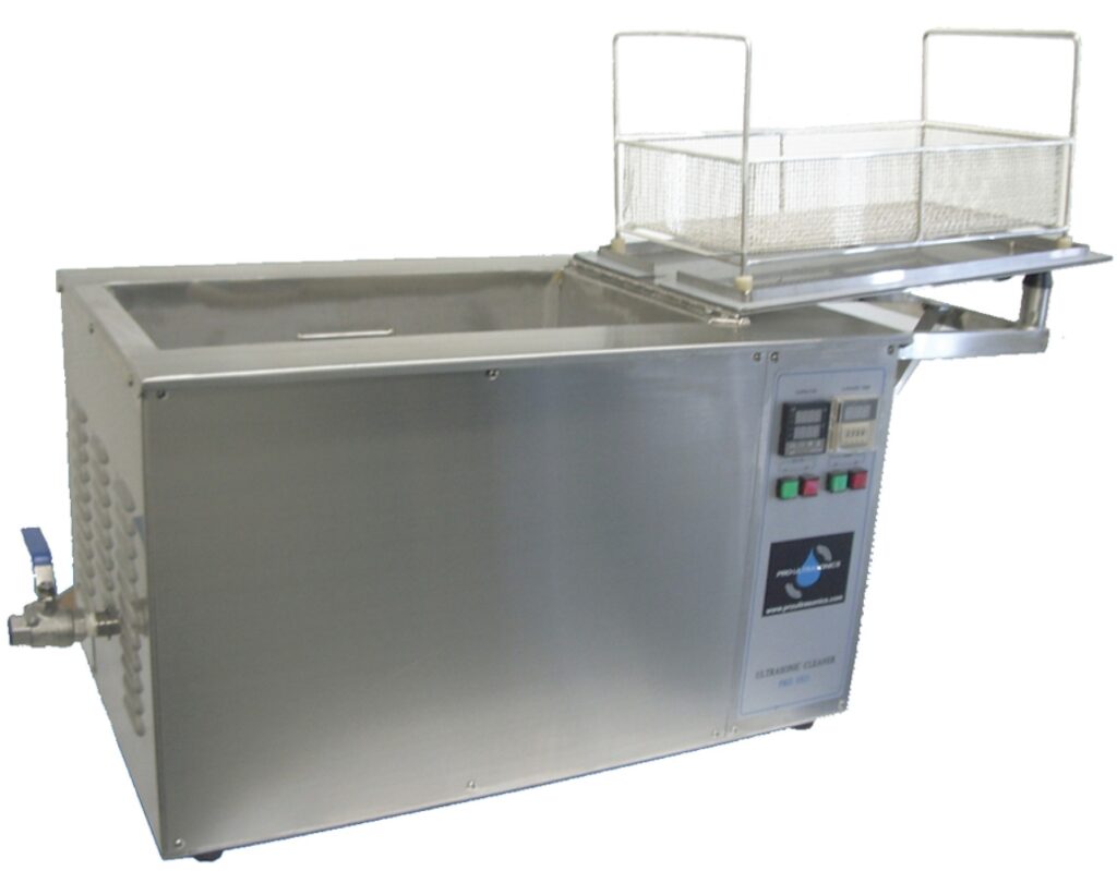 Pro Ultrasonics PRO-1911-2 industrial ultrasonic cleaner with stainless steel tank, control panel, and parts basket lift platform