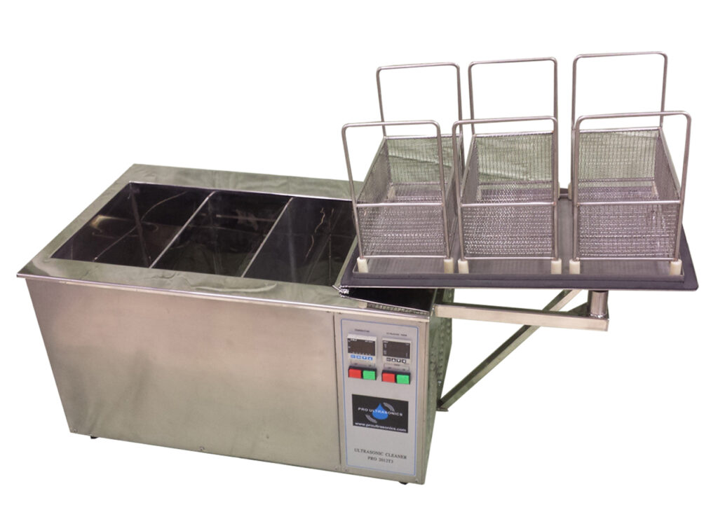 Pro Ultrasonics PRO-2012-T3 industrial ultrasonic cleaner, stainless steel tank with control panel and lift-out parts basket platform