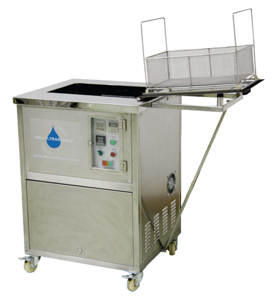 Pro Ultrasonics PRO-2013-2 industrial ultrasonic cleaner on casters with stainless tank, control panel, and lift-out parts basket platform