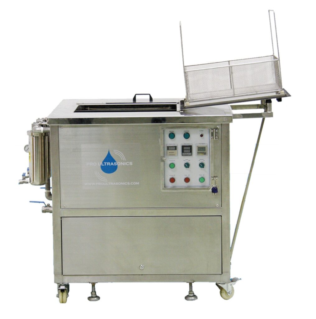Pro Ultrasonics PRO-2013D-2 industrial ultrasonic cleaner with stainless tank, control panel, external filtration canister, and lift-out parts basket platform