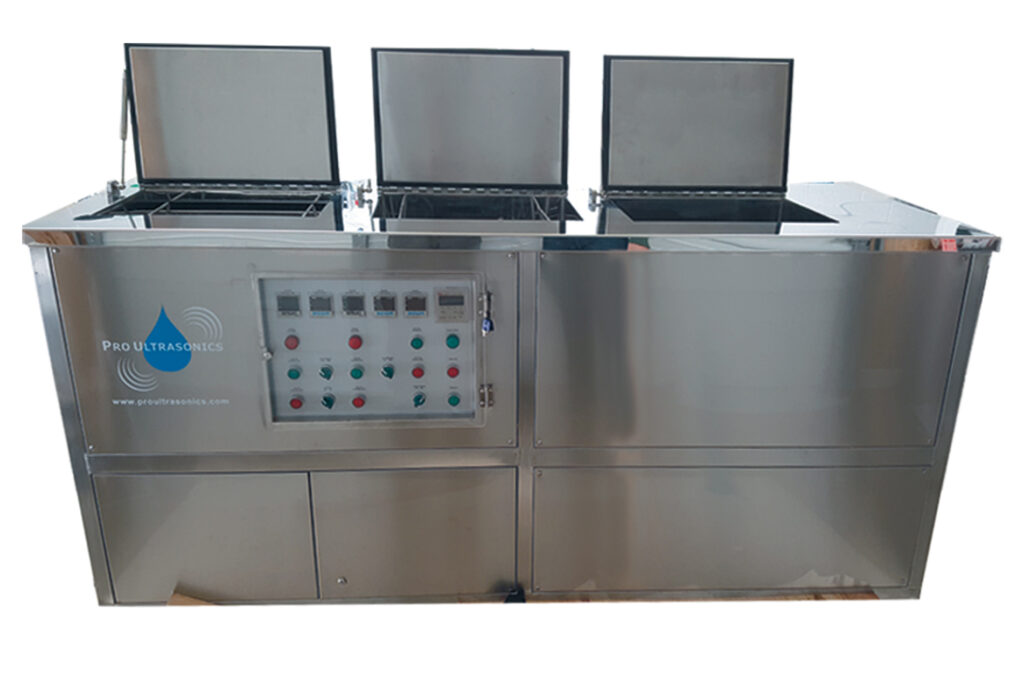 Pro Ultrasonics PRO-2013D-T3 industrial ultrasonic cleaner with three stainless tanks, hinged lids, and integrated control panel