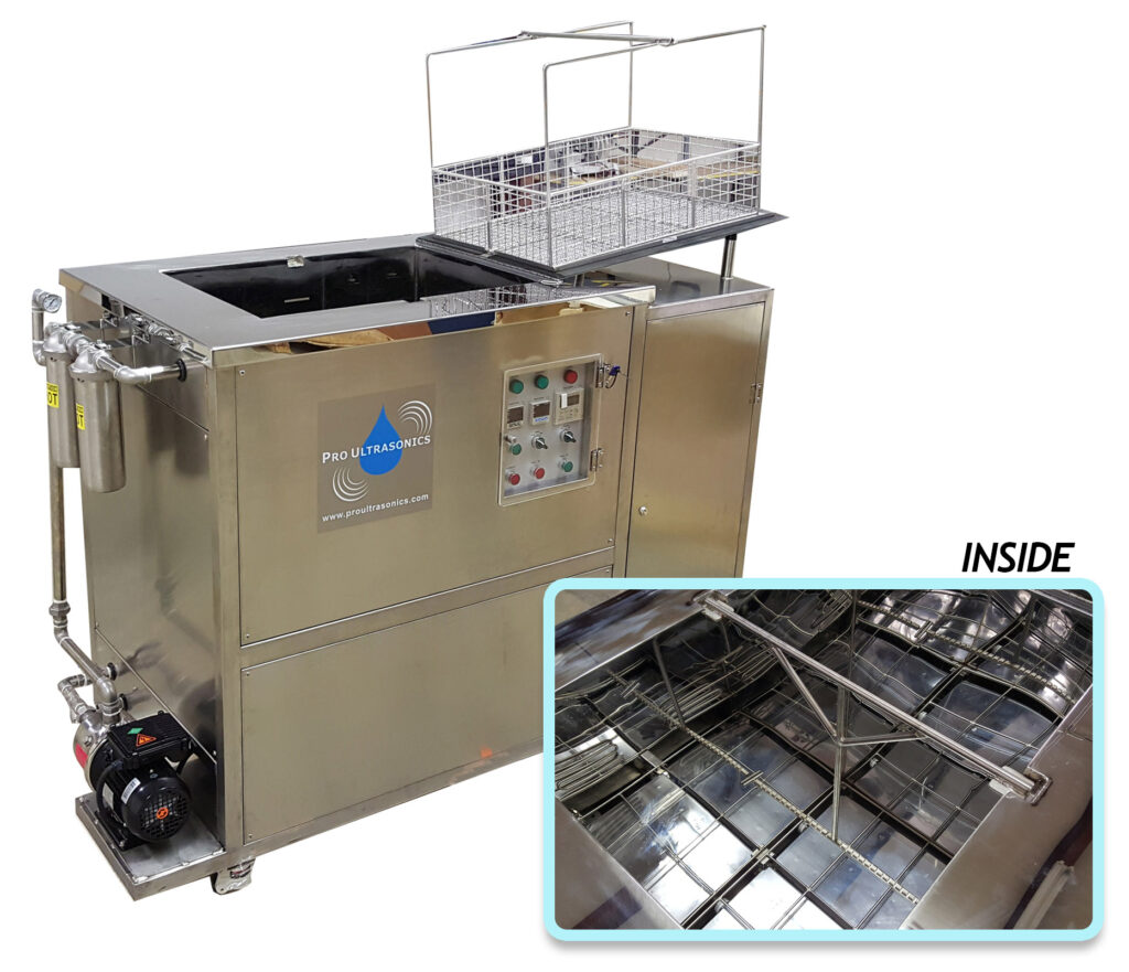 Pro Ultrasonics PRO-2015SBD industrial ultrasonic cleaner with stainless tank, lift-out basket platform, control panel, and external pump and filtration system
