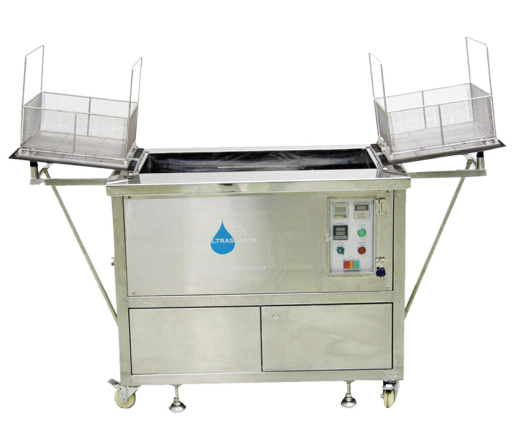 Pro Ultrasonics PRO-3216-2 industrial ultrasonic cleaner with long stainless tank, lift-out baskets on both sides, and integrated control panel