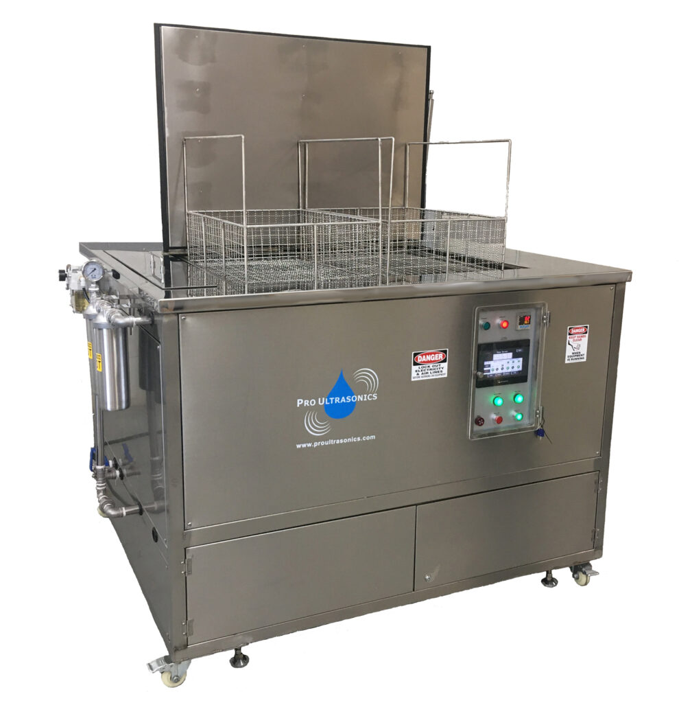 Pro Ultrasonics PRO-3624LT industrial ultrasonic cleaning system with lift basket, hinged lid, and integrated control panel