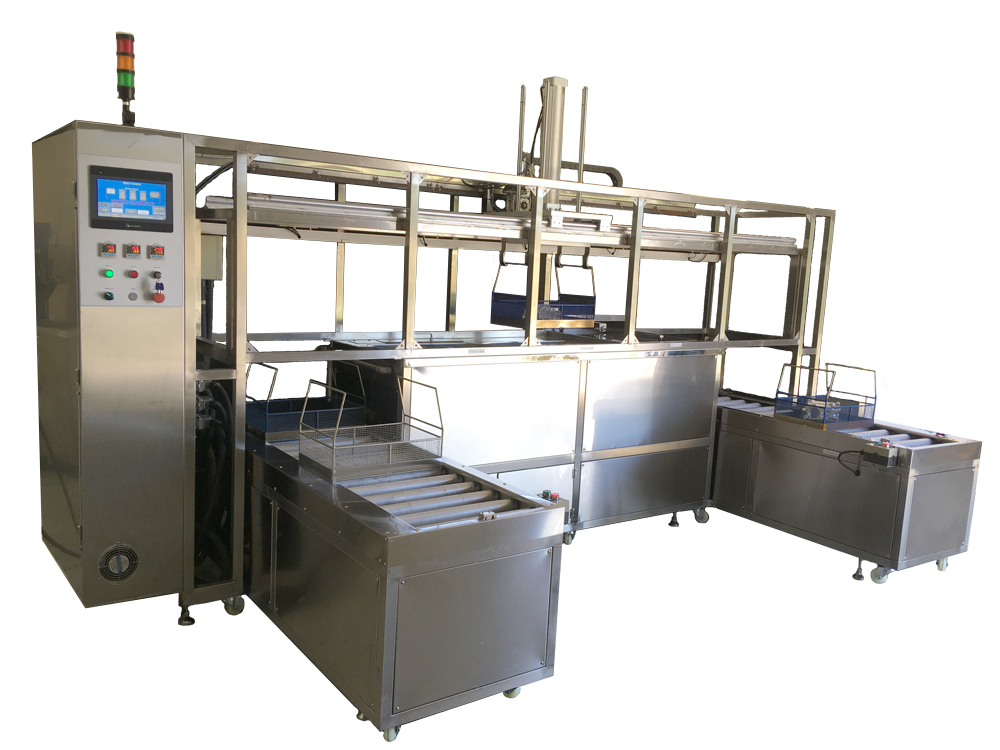 Pro Ultrasonics PRO-2315-DT3A automated multi-stage ultrasonic cleaning line with control cabinet, transfer system, and multiple stainless tanks for basket processing