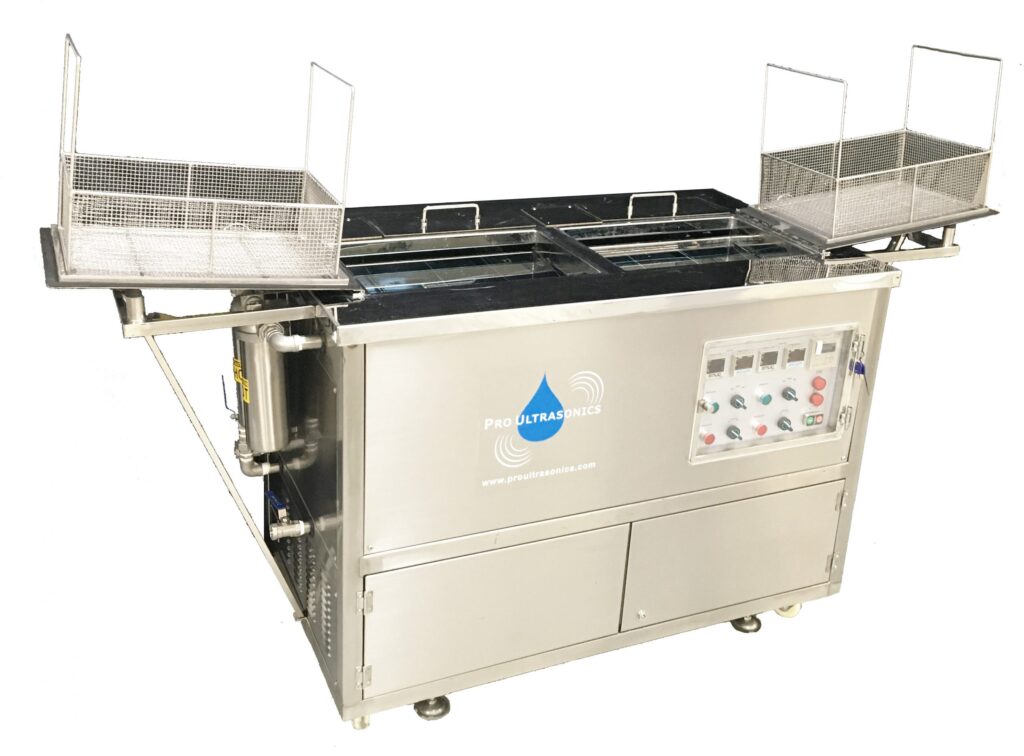 Pro Ultrasonics PRO-2013-D2 industrial ultrasonic cleaning system with dual tank layout, stainless construction, control panel, and lift-out parts baskets